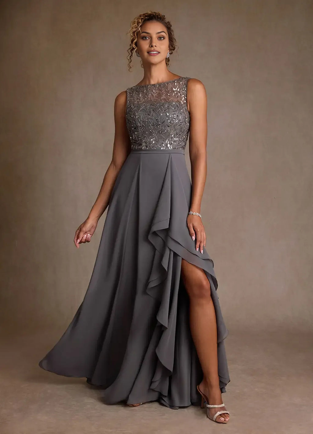Illusion Neckline Sleeveless Bodice Ruffled Sequins Back Zip High-Slit Floor-Length Mother of the Bride Dress