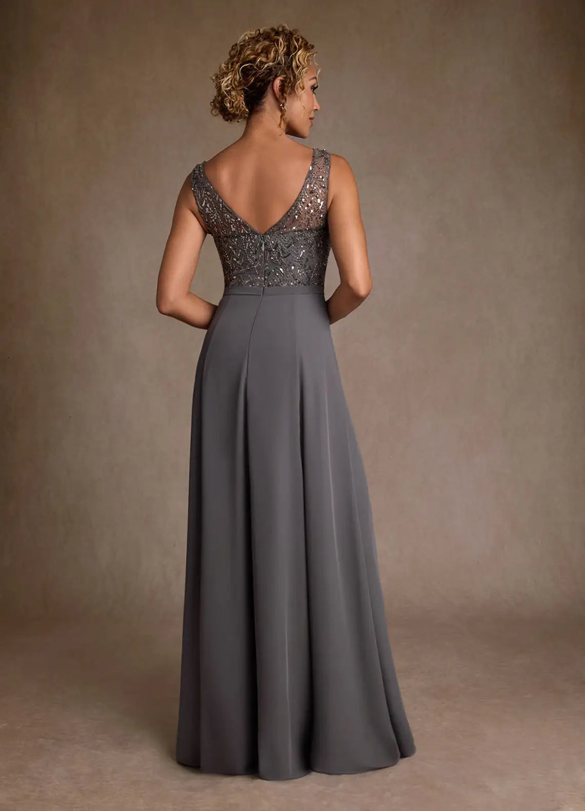 Illusion Neckline Sleeveless Bodice Ruffled Sequins Back Zip High-Slit Floor-Length Mother of the Bride Dress
