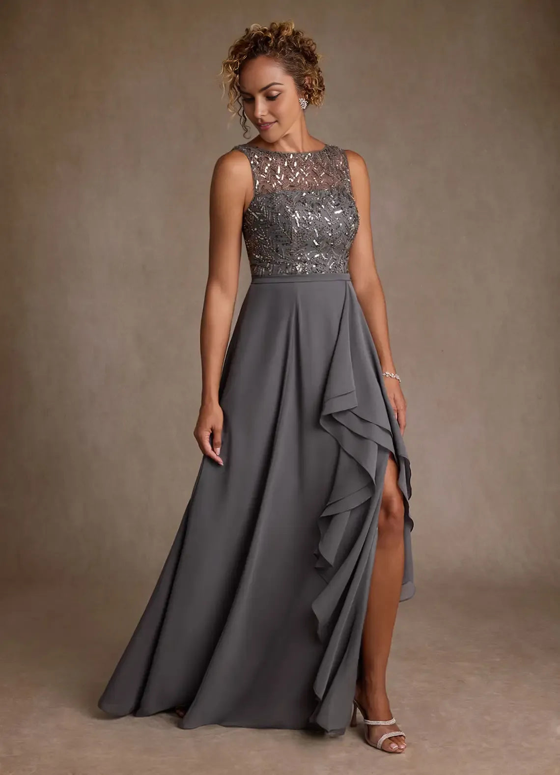 Illusion Neckline Sleeveless Bodice Ruffled Sequins Back Zip High-Slit Floor-Length Mother of the Bride Dress