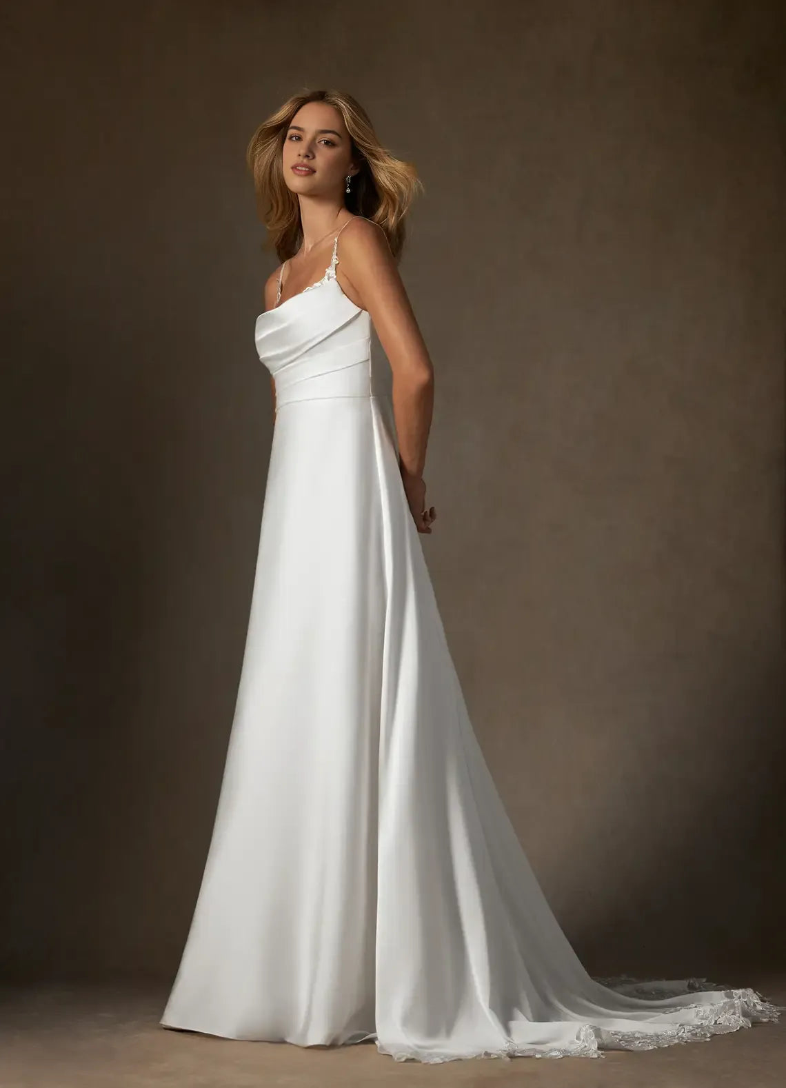 Wedding Dress Spaghetti Straps Cowl Neckline Silhouette Trimmed Train A Must