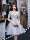 Off-Shoulder Floral Applique TulleGrey Mini Homecoming Dress