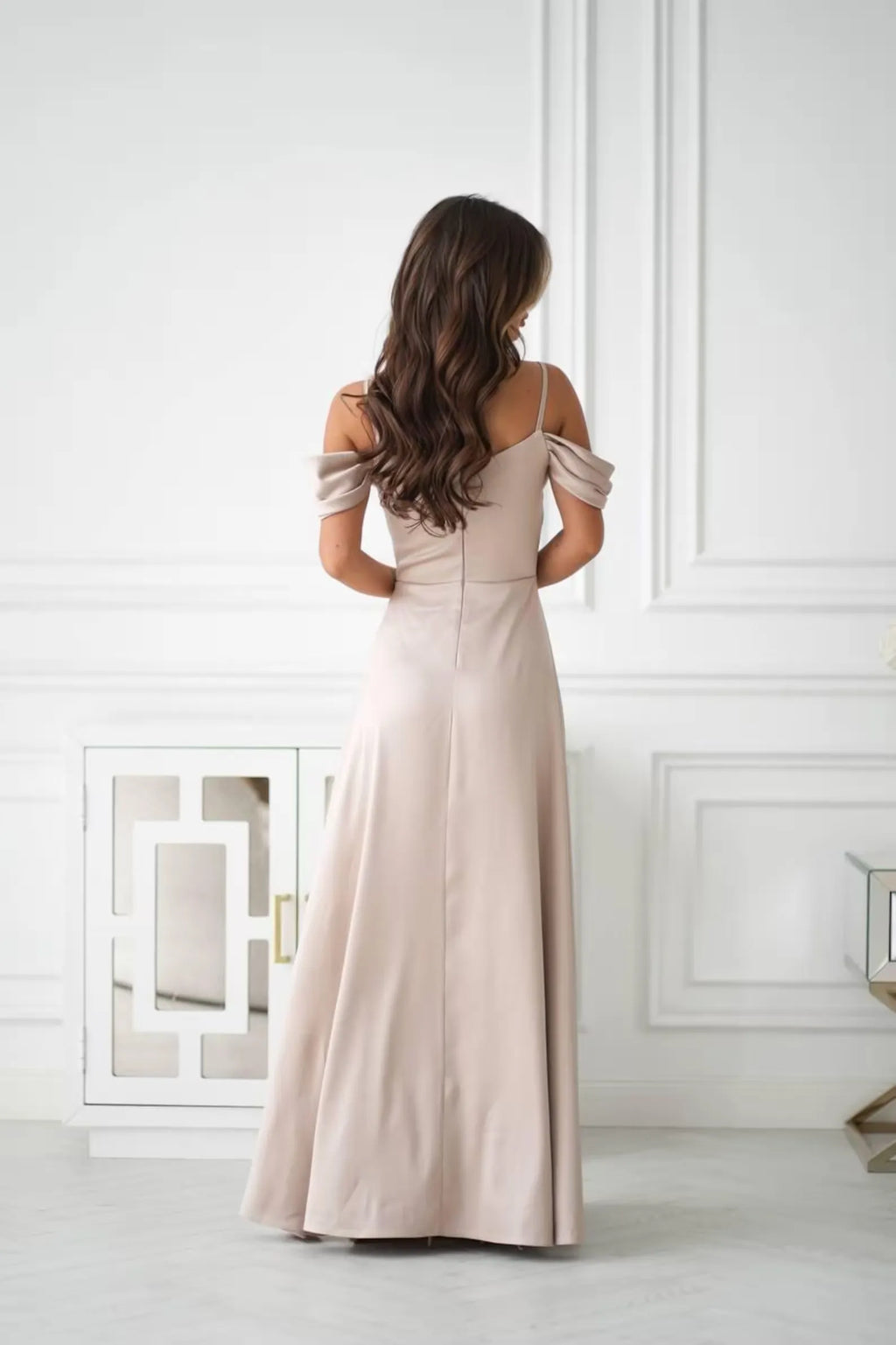 Off-Shoulder Ruched Champagne Long Evening Dress With Slit