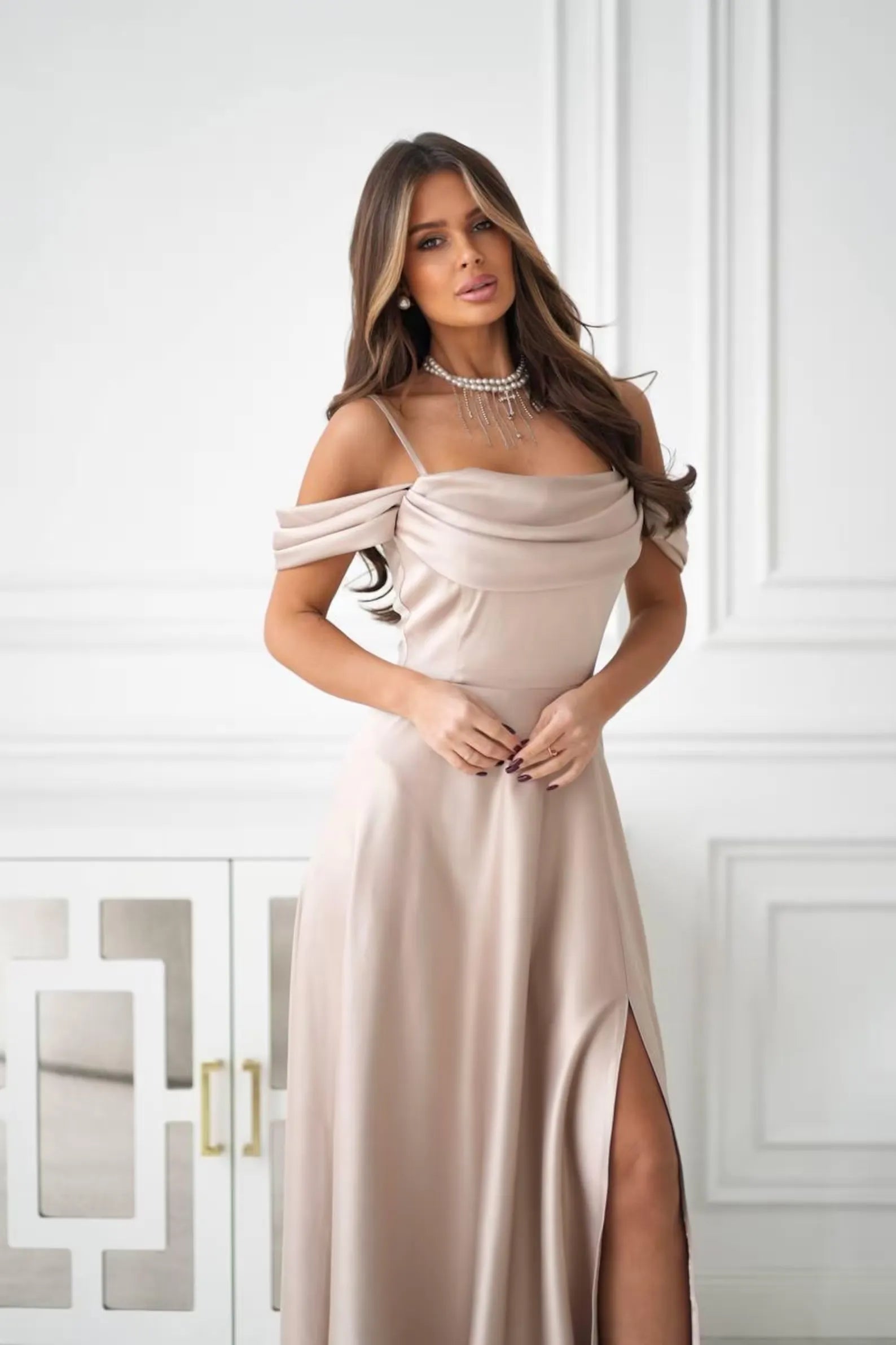 Off-Shoulder Ruched Champagne Long Evening Dress With Slit