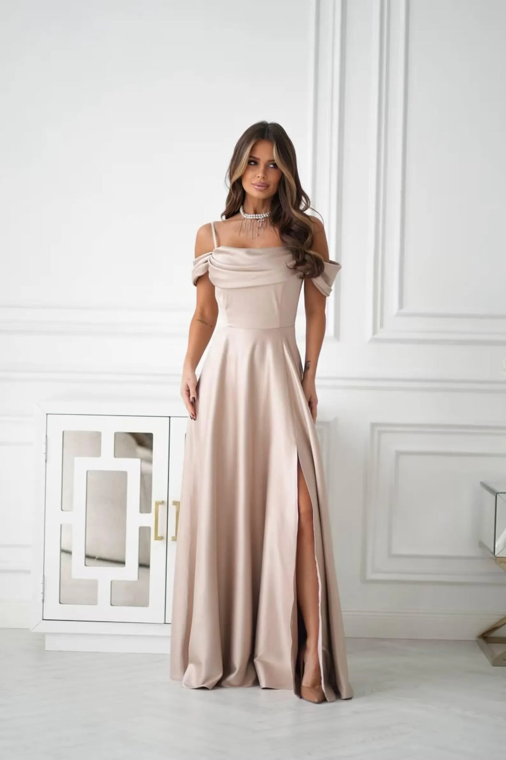 Off-Shoulder Ruched Champagne Long Evening Dress With Slit