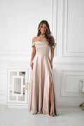 Off-Shoulder Ruched Champagne Long Evening Dress With Slit