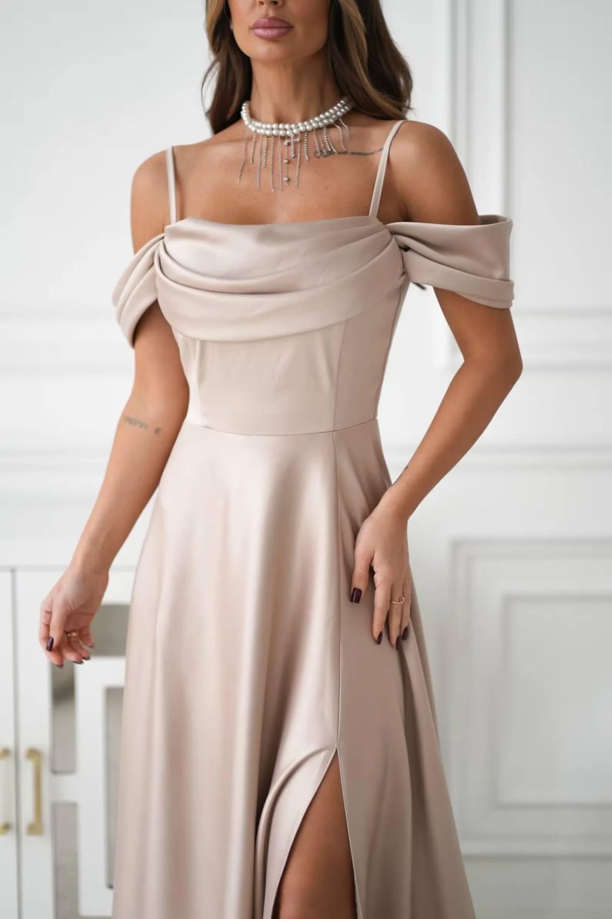 Off-Shoulder Ruched Champagne Long Evening Dress With Slit