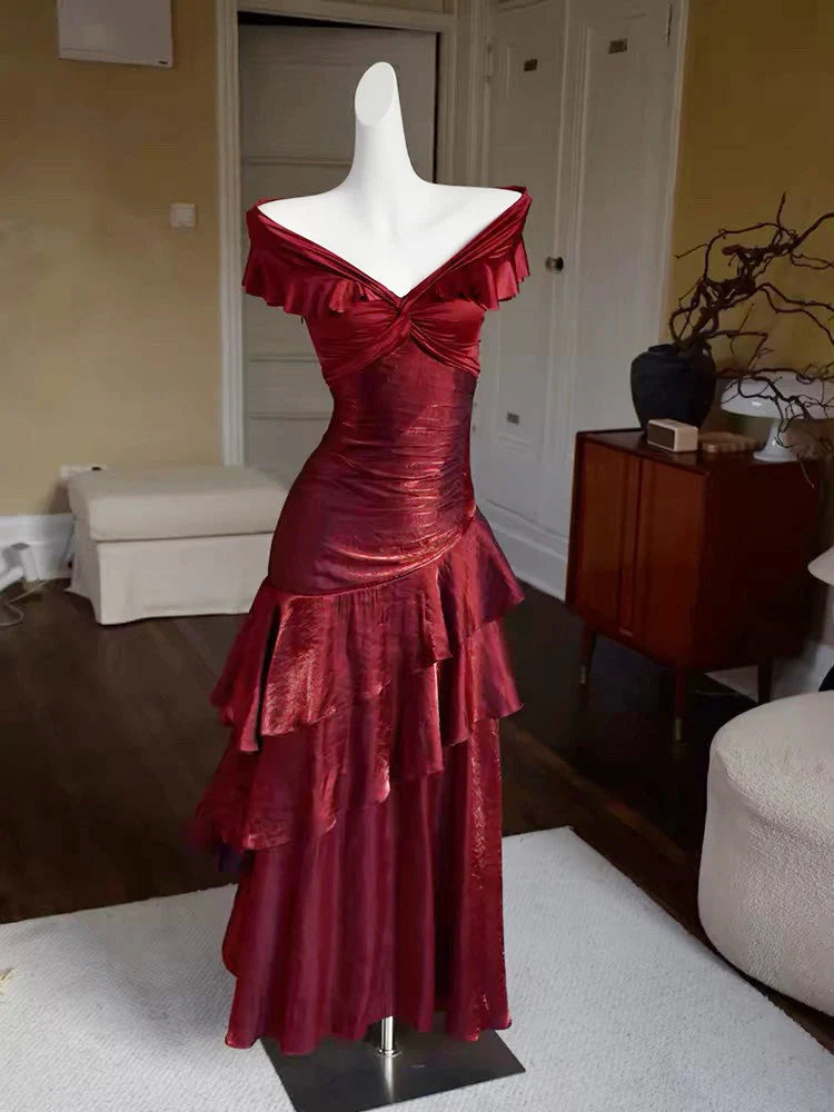 Refined Beautiful Timeless Chic Elegant Red A-Line Short Sleeve Floor-Length Prom Dress