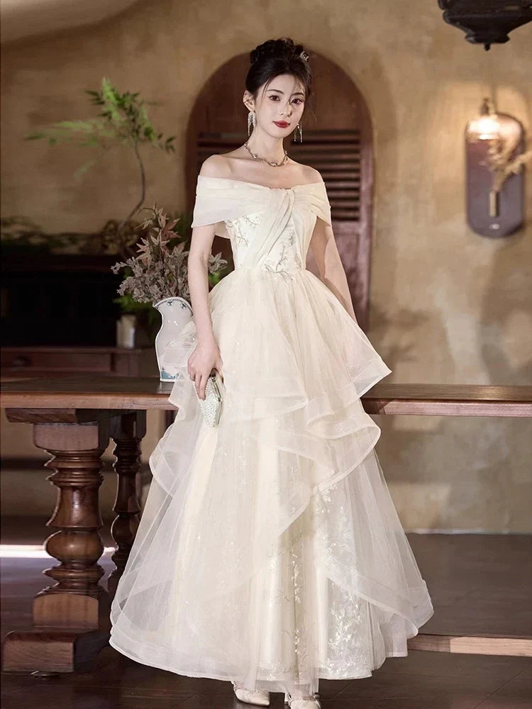Ivory Off-the-Shoulder Embellished Maxi Prom Dress
