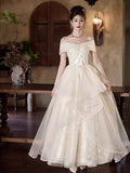 Ivory Off-the-Shoulder Embellished Maxi Prom Dress