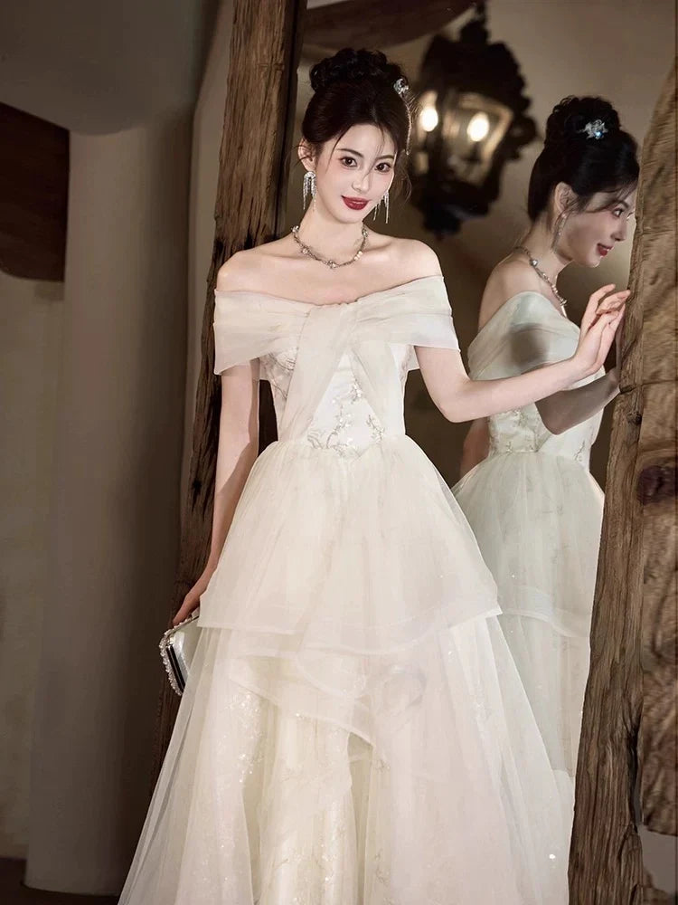 Ivory Off-the-Shoulder Embellished Maxi Prom Dress