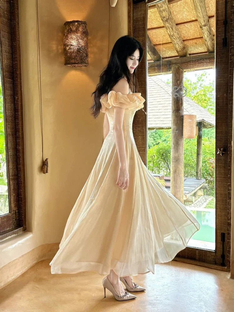 Apricot Off-the-Shoulder Ruffled Maxi Prom Dress