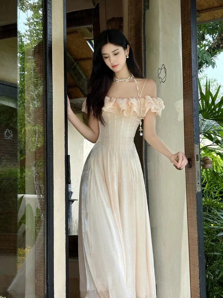 Apricot Off-the-Shoulder Ruffled Maxi Prom Dress