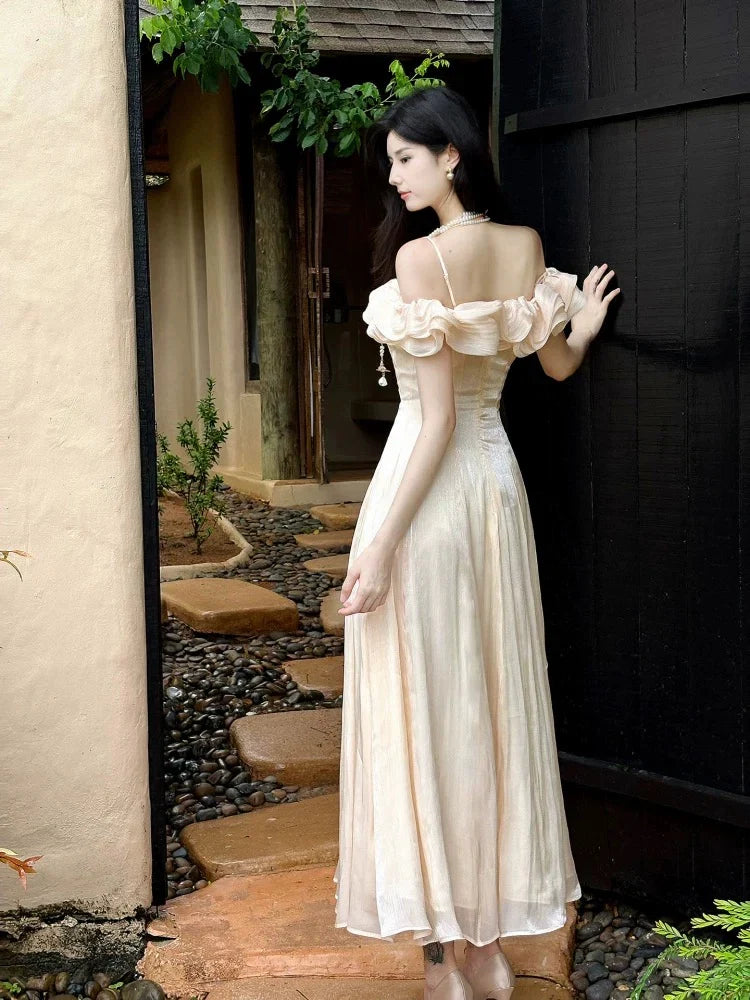 Apricot Off-the-Shoulder Ruffled Maxi Prom Dress