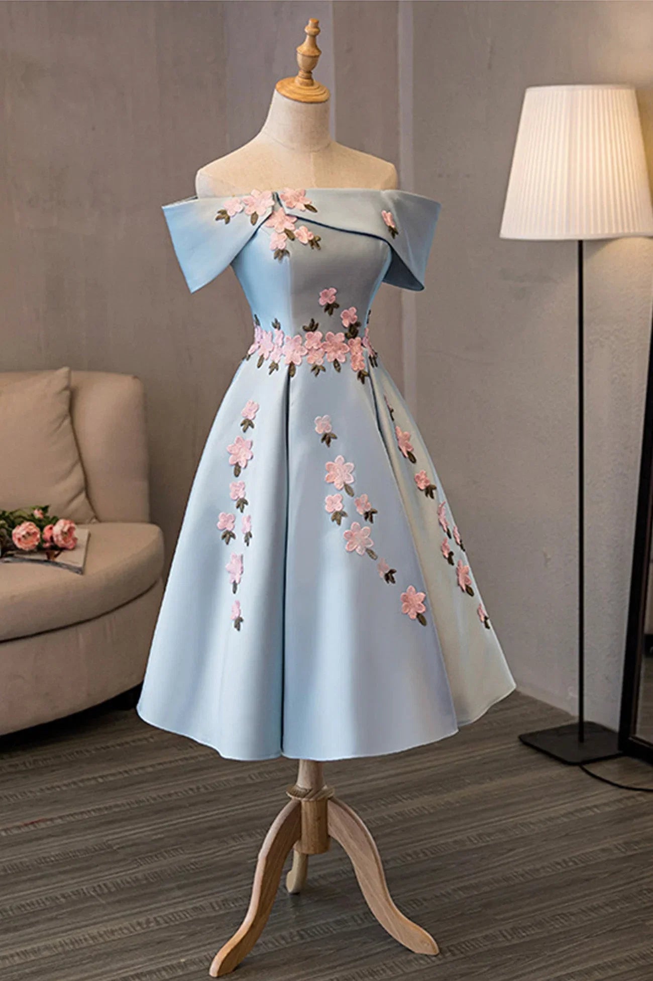 Light Blue Off-the-Shoulder Light Tea-Length Homecoming Dress