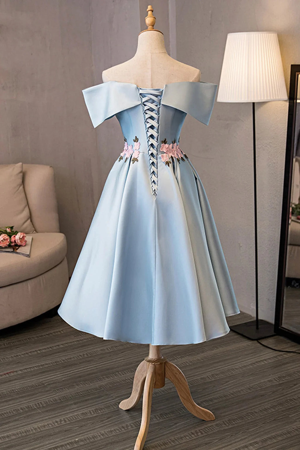 Light Blue Off-the-Shoulder Light Tea-Length Homecoming Dress