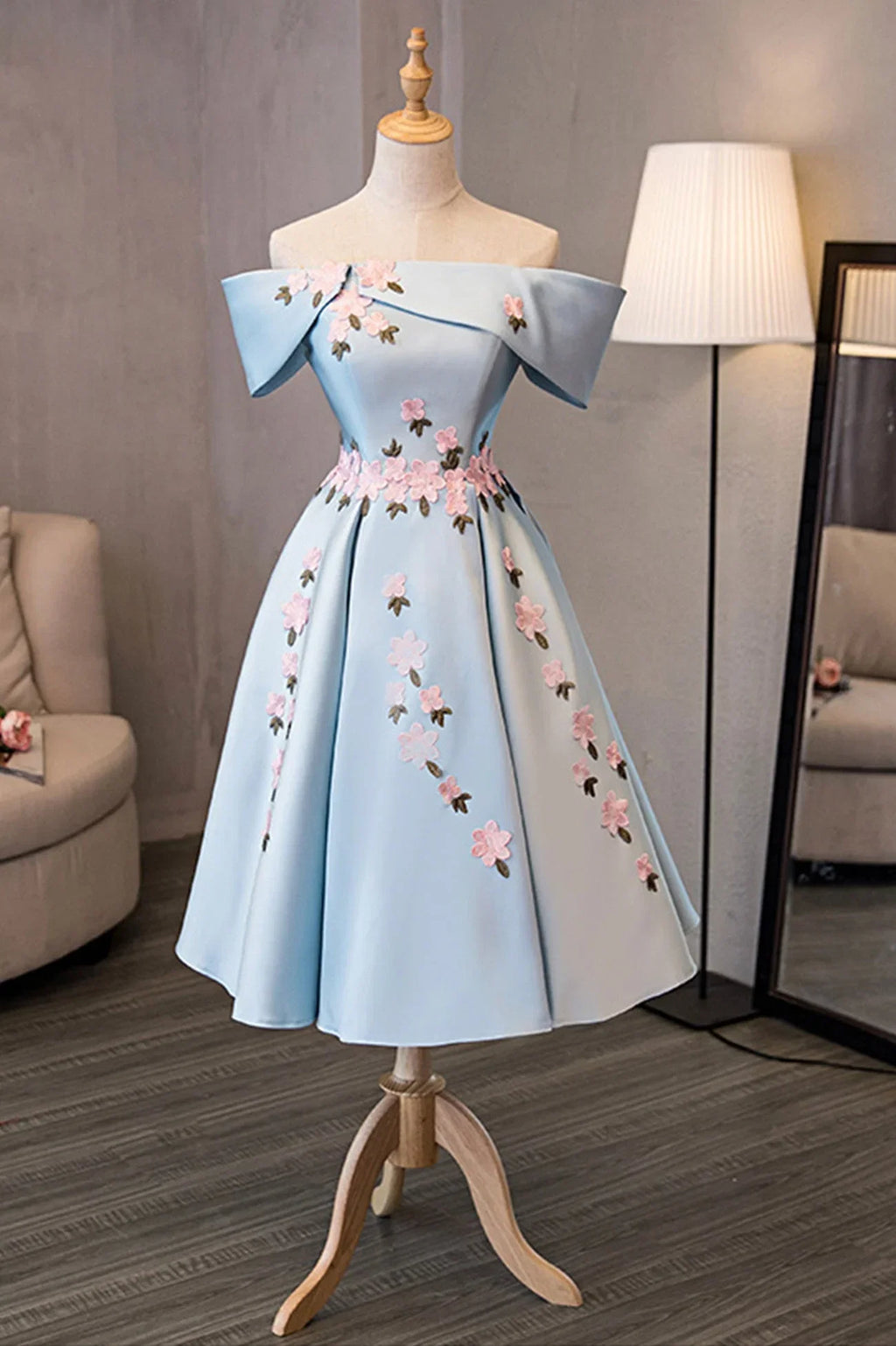 Light Blue Off-the-Shoulder Light Tea-Length Homecoming Dress