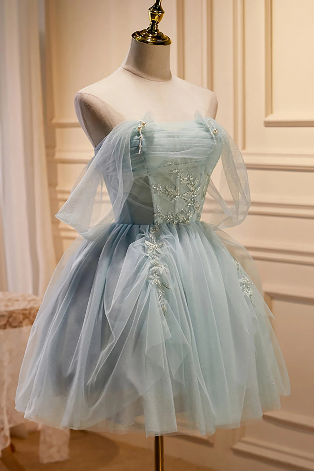 Light Blue Off-the-Shoulder Light Mini Homecoming Dress
