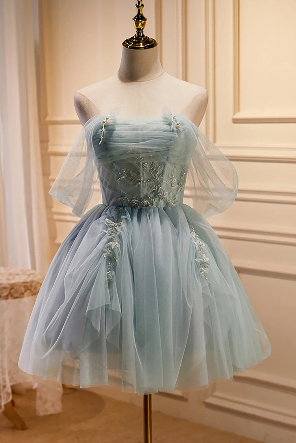 Light Blue Off-the-Shoulder Light Mini Homecoming Dress