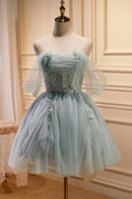 Light Blue Off-the-Shoulder Light Mini Homecoming Dress