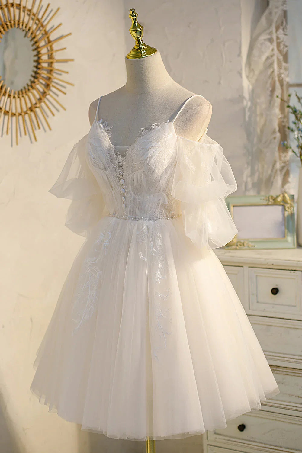 White Off-the-Shoulder Mini Homecoming Dress