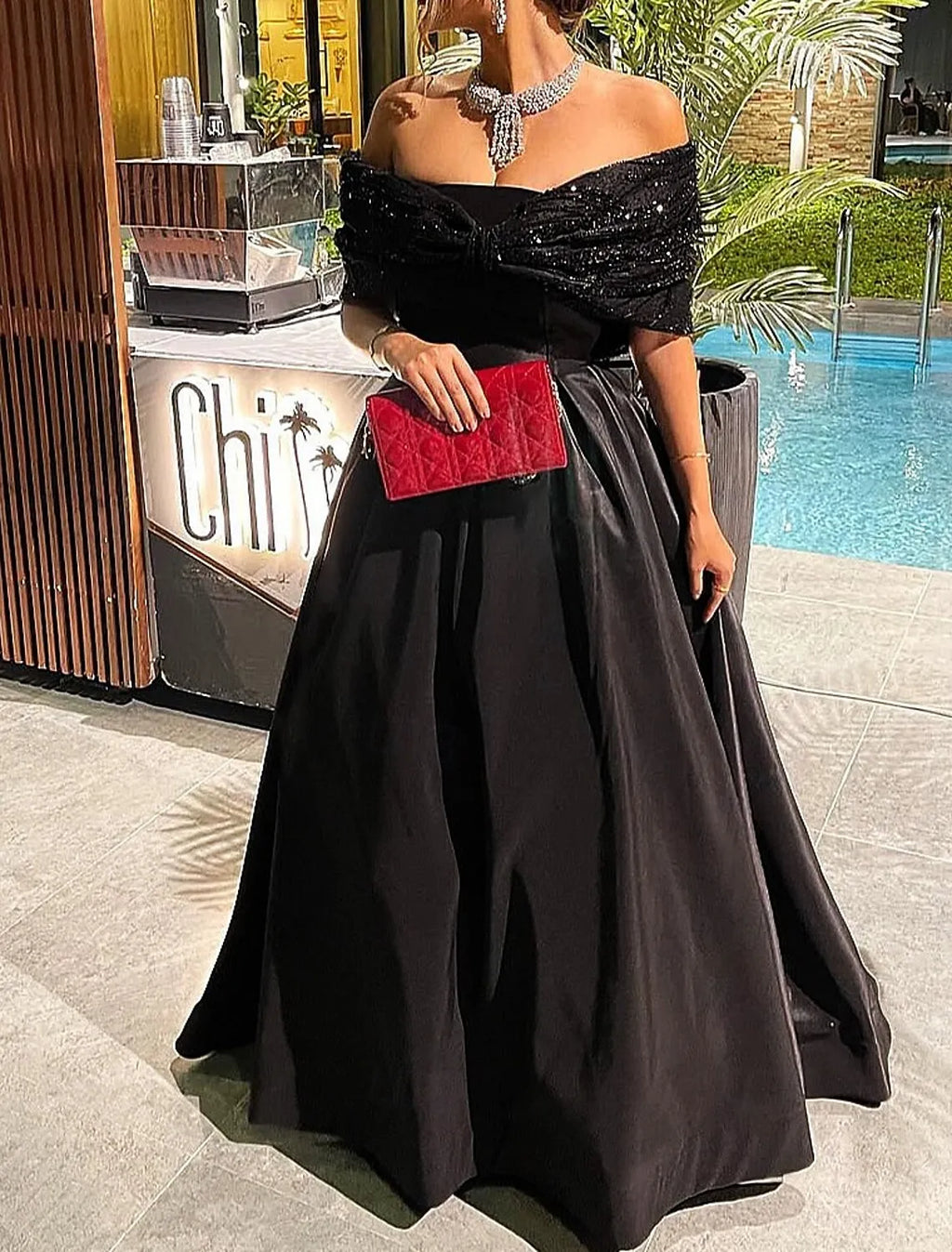Navy Blue Off Shoulder Bow Floor Length Evening Dress