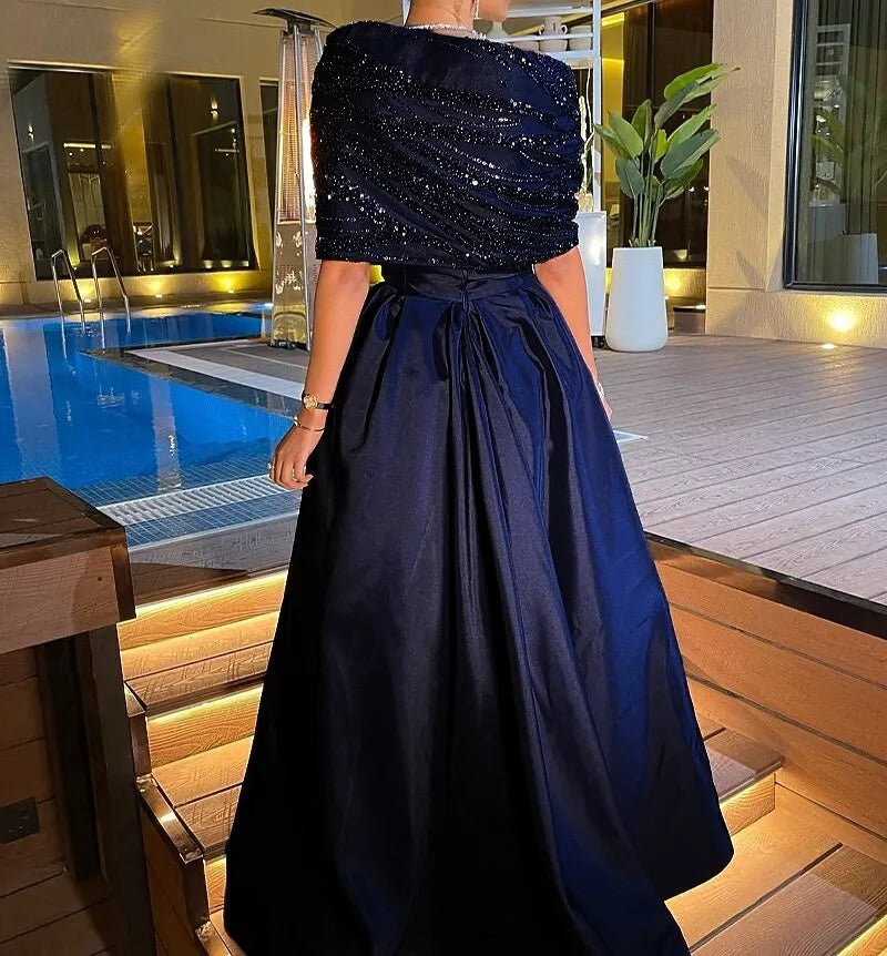 Navy Blue Off Shoulder Bow Floor Length Evening Dress