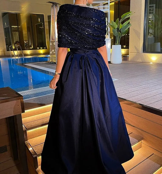 Elegant Navy-Blue Sequin A-Line Classic-Neck Classic-Sleeve Classic-Back Floor-Length Evening Dress