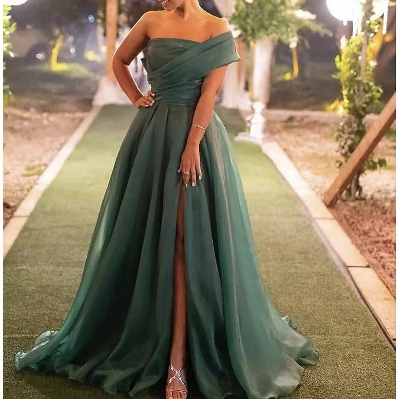 Green Off Shoulder Bow Slit Emerald Floor Length Prom Dress