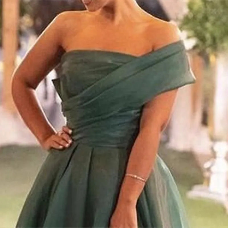 Green Off Shoulder Bow Slit Emerald Floor Length Prom Dress