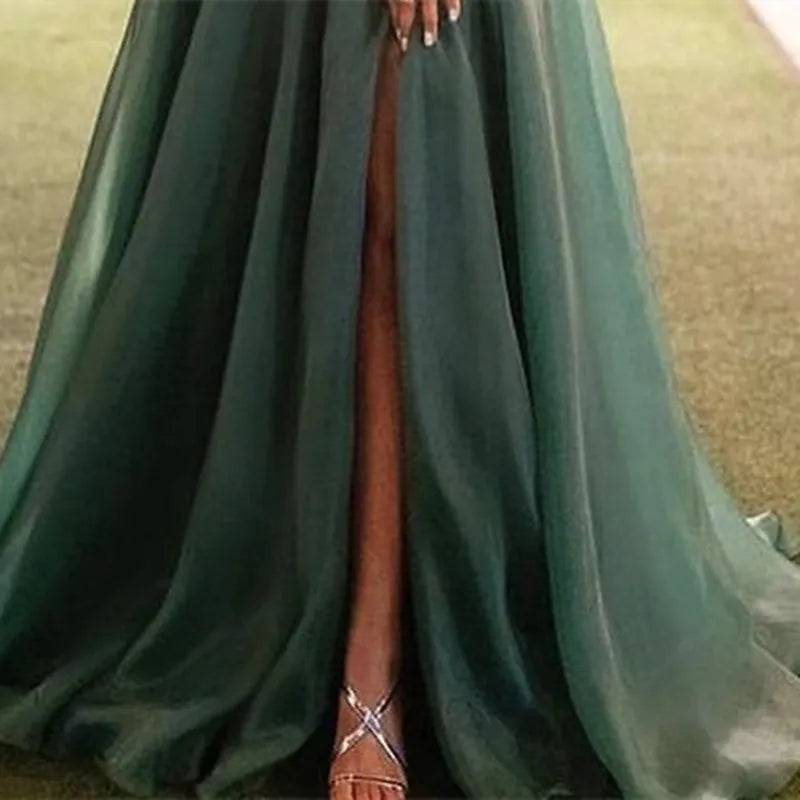 Green Off Shoulder Bow Slit Emerald Floor Length Prom Dress
