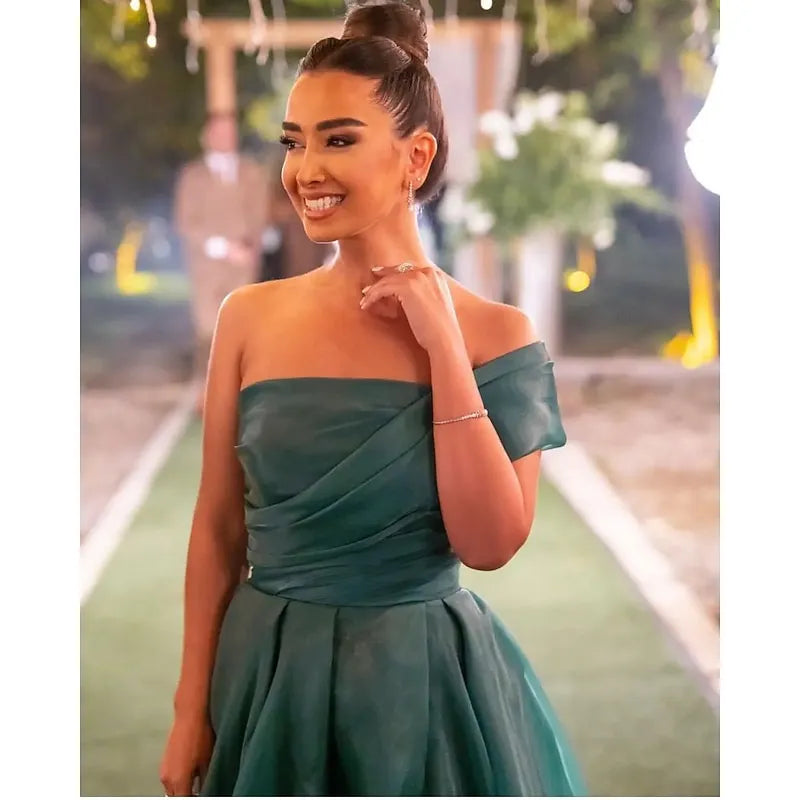 Green Off Shoulder Bow Slit Emerald Floor Length Prom Dress