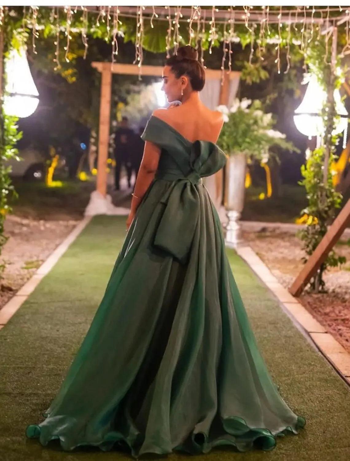 Green Off Shoulder Bow Slit Emerald Floor Length Prom Dress