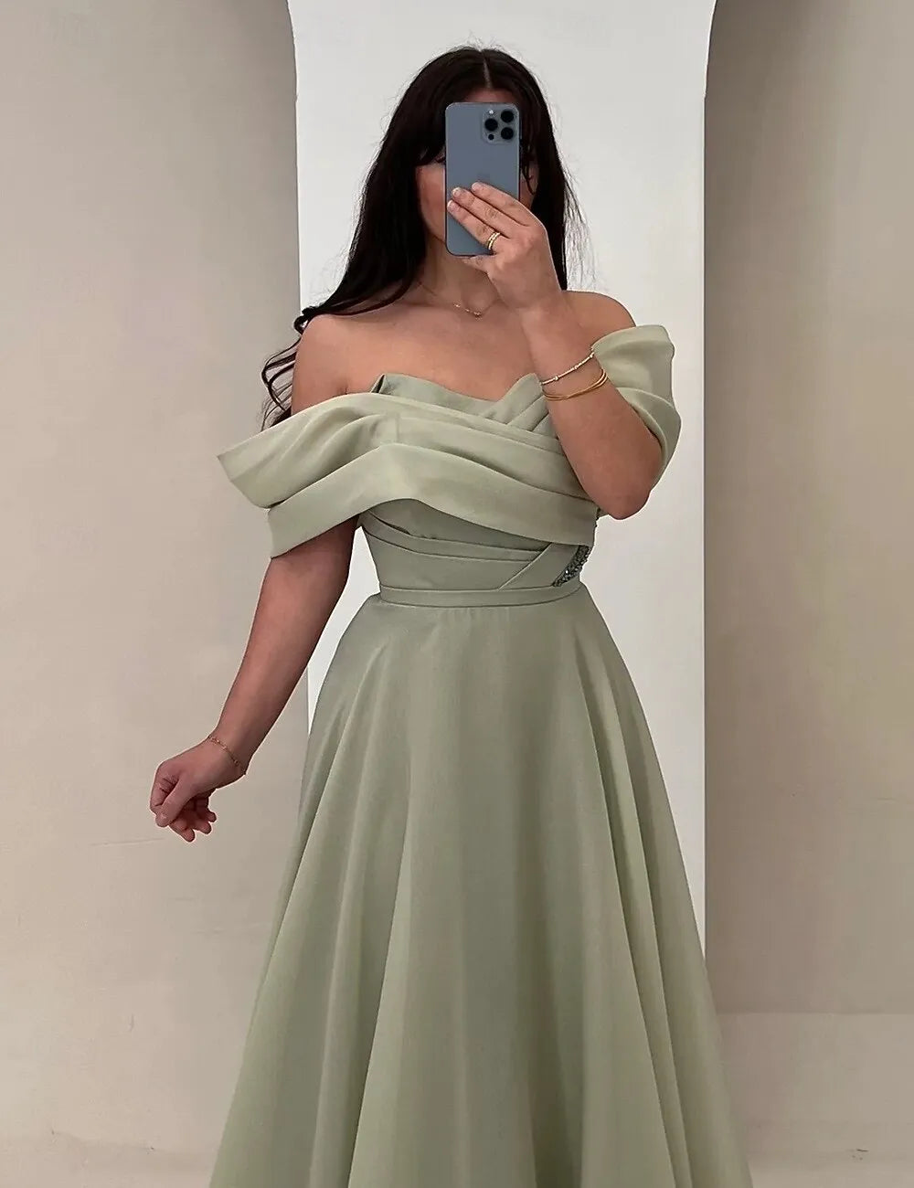 Off Shoulder Ruched Sage Floor Length Prom Dress