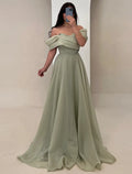 Off Shoulder Ruched Sage Floor Length Prom Dress
