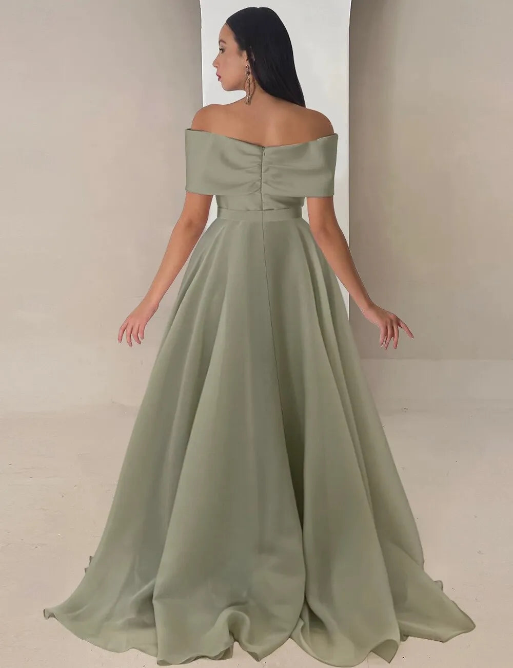 Off Shoulder Ruched Sage Floor Length Prom Dress