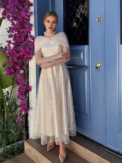 Graceful Stylish Refined Elegant Champagne Sequins A-Line Long Sleeve Long Prom Dress