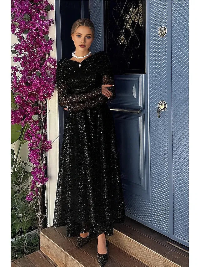 Graceful Stylish Refined Elegant Champagne Sequins A-Line Long Sleeve Long Prom Dress