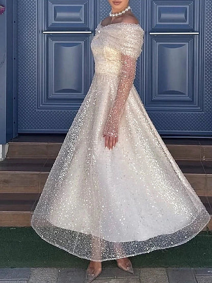 Graceful Stylish Refined Elegant Champagne Sequins A-Line Long Sleeve Long Prom Dress