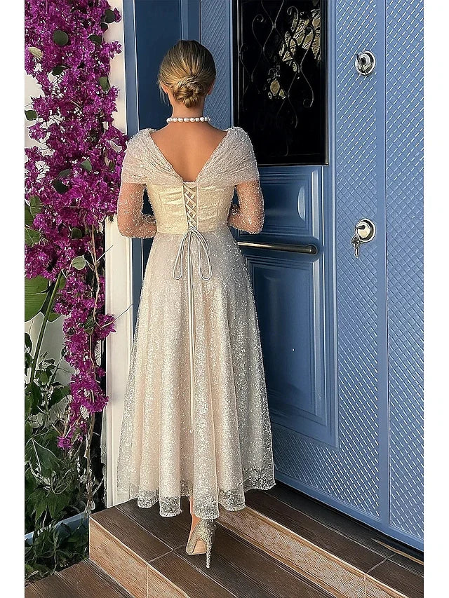 Graceful Stylish Refined Elegant Champagne Sequins A-Line Long Sleeve Long Prom Dress