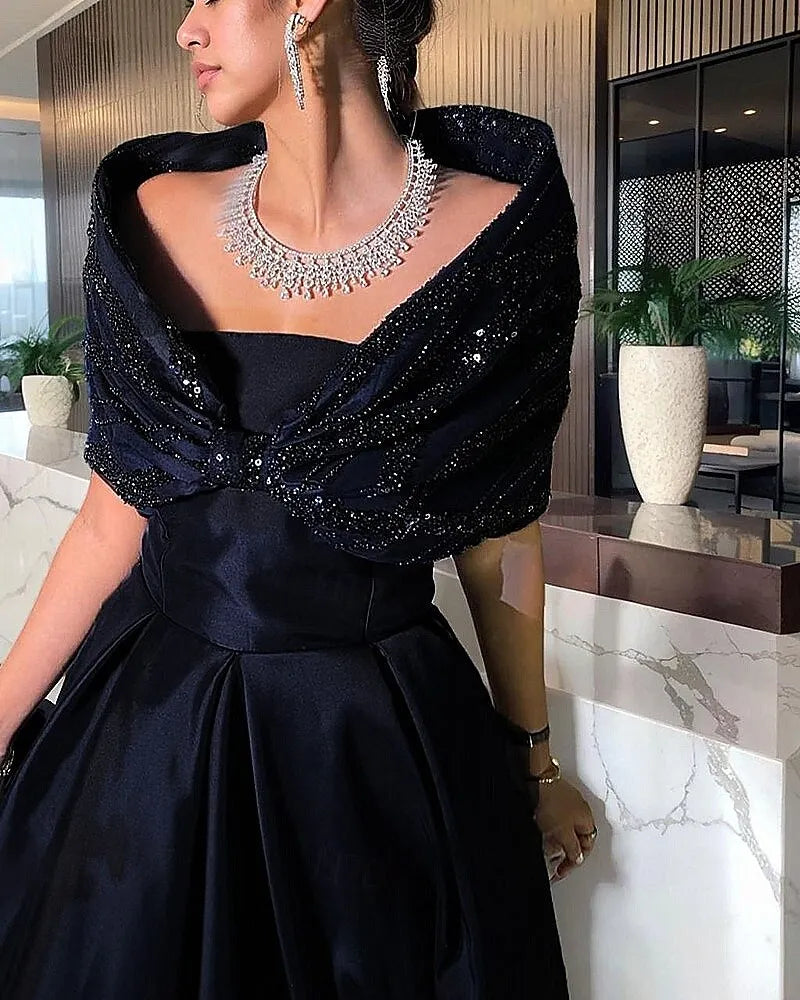 Navy Blue Off Shoulder Bow Floor Length Evening Dress