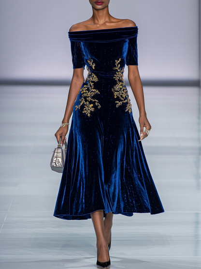 Stylish Refined Beautiful Timeless Elegant Navy Blue Velvet A-Line Tea-Length Prom Dress
