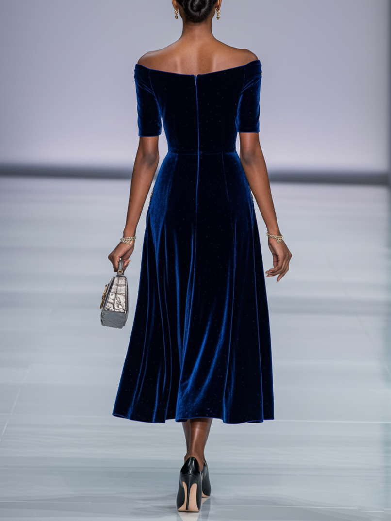 Stylish Refined Beautiful Timeless Elegant Navy Blue Velvet A-Line Tea-Length Prom Dress