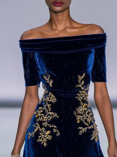 Stylish Refined Beautiful Timeless Elegant Navy Blue Velvet A-Line Tea-Length Prom Dress