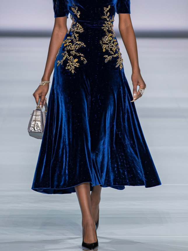 Stylish Refined Beautiful Timeless Elegant Navy Blue Velvet A-Line Tea-Length Prom Dress