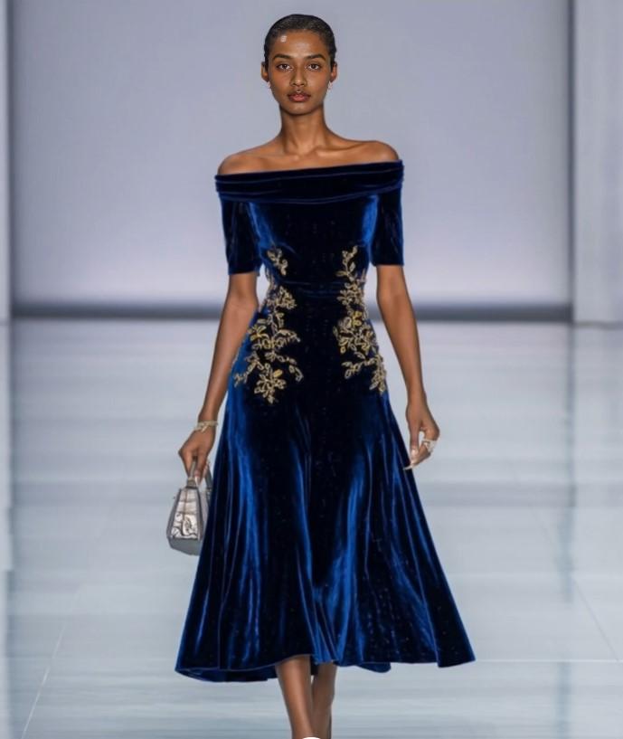Stylish Refined Beautiful Timeless Elegant Navy Blue Velvet A-Line Tea-Length Prom Dress