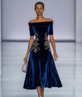 Stylish Refined Beautiful Timeless Elegant Navy Blue Velvet A-Line Tea-Length Prom Dress