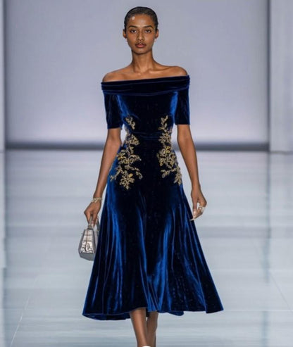 Stylish Refined Beautiful Timeless Elegant Navy Blue Velvet A-Line Tea-Length Prom Dress