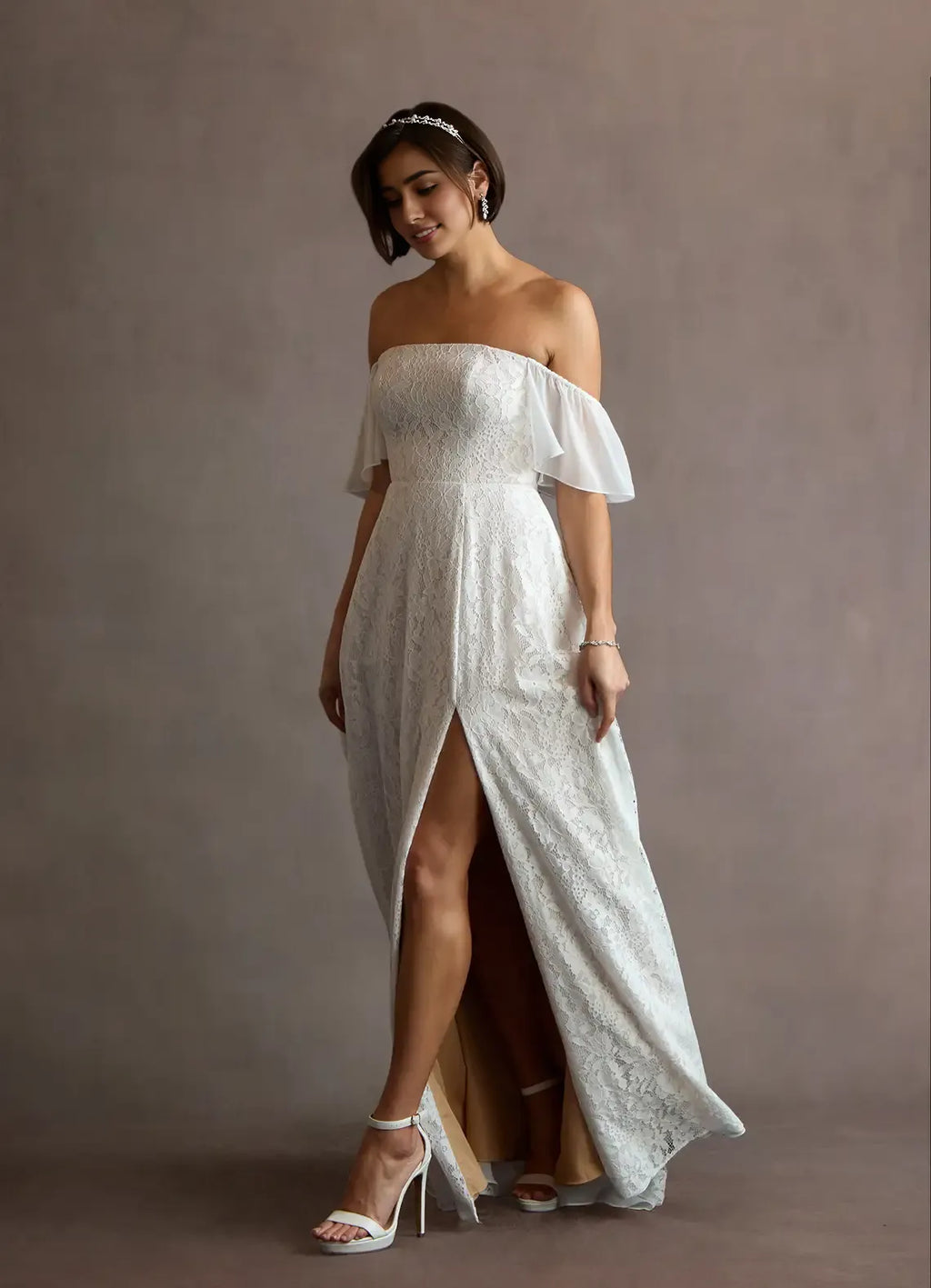 Special Occasion Sophisticated Graceful Stylish Elegant Ivory Lace A-Line Sleeveless Floor-Length Evening Dress