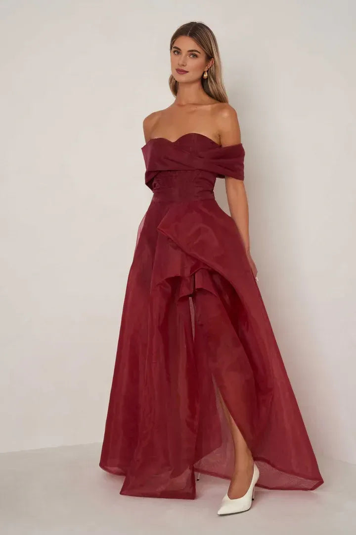 Sophisticated Graceful Stylish Refined Elegant Burgundy Organza A-Line Sleeveless Floor-Length Prom Dress