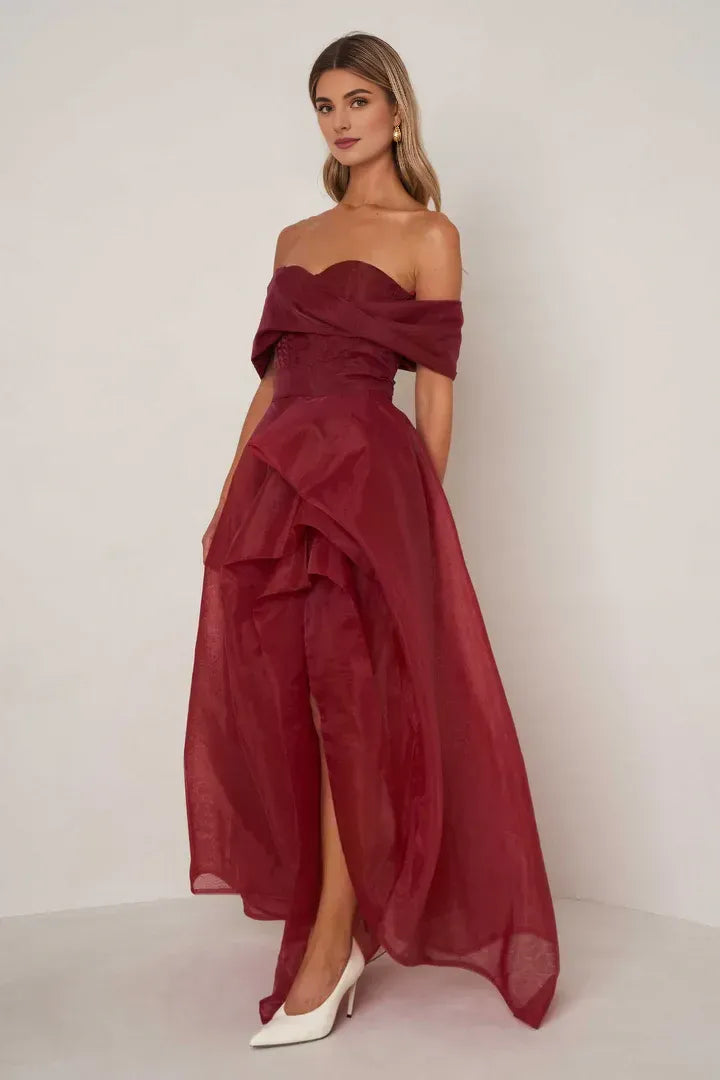 Sophisticated Graceful Stylish Refined Elegant Burgundy Organza A-Line Sleeveless Floor-Length Prom Dress